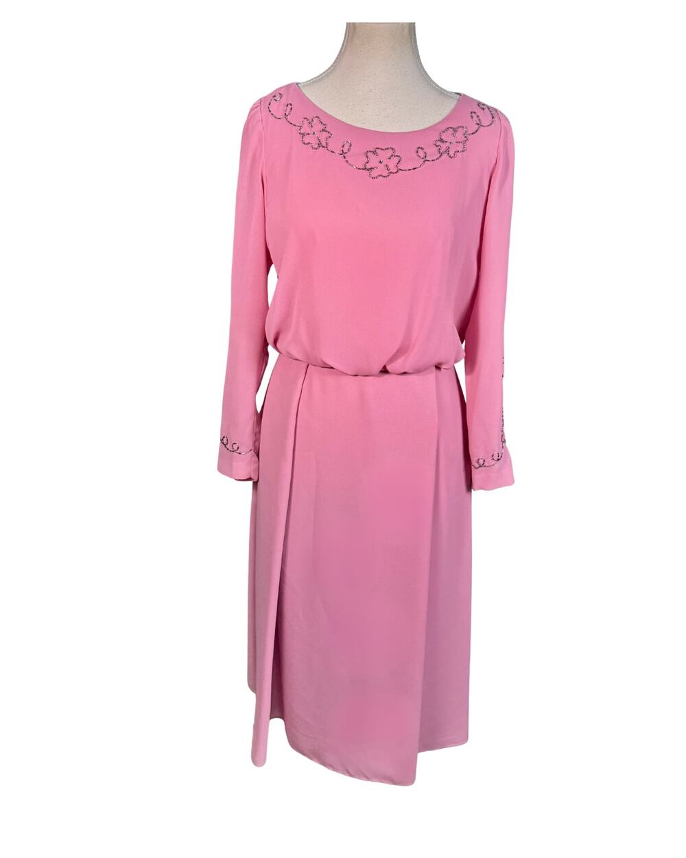 American Vintage Pink Long Sleeve Embroidered Neck Midi Dress